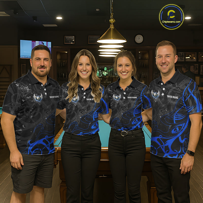 Black And Blue 8 Ball Wings Billiard Shirt For Men Custom Tribal Pool Jersey Team Polo & 1/4 Zip TDM5775