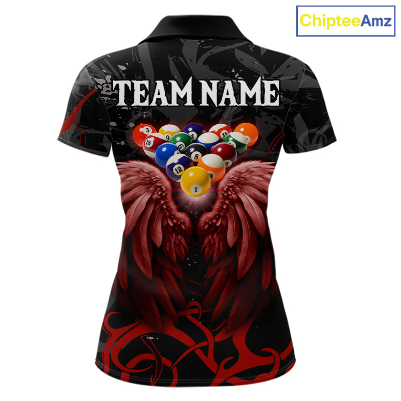 Black And Red 8 Ball Wings Billiard Shirt For Women Custom Tribal Pool Jersey Team Polo & 1/4 Zip TDM5776