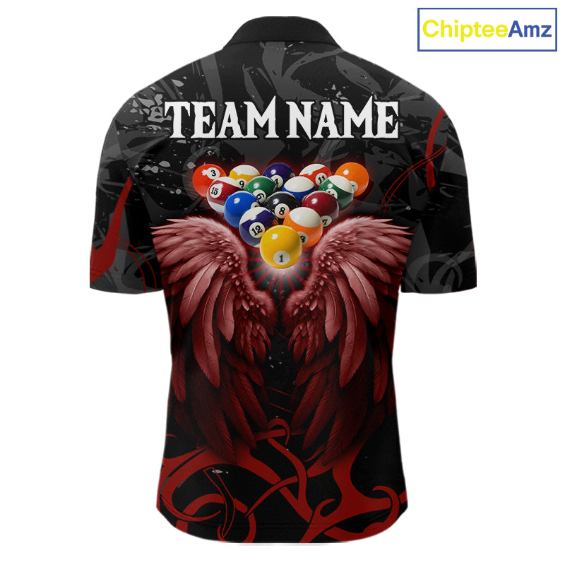 Black And Red 8 Ball Wings Billiard Shirt For Men Custom Tribal Pool Jersey Team Polo & 1/4 Zip TDM5776