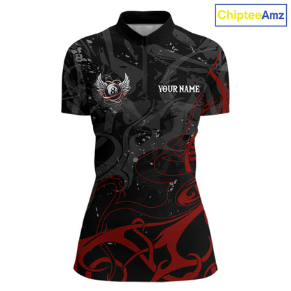 Black And Red 8 Ball Wings Billiard Shirt For Women Custom Tribal Pool Jersey Team Polo & 1/4 Zip TDM5776