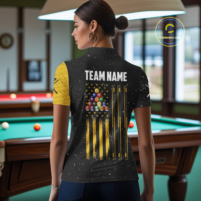 Yellow Black Grunge US Flag 8 Ball & 9 Ball Pool Women's Billiard Shirt Custom Billiard Team Jersey TDM5777