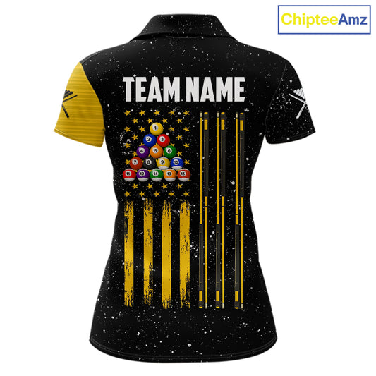 Yellow Black Grunge US Flag 8 Ball & 9 Ball Pool Women's Billiard Shirt Custom Billiard Team Jersey TDM5777