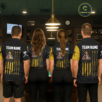 Yellow Black Grunge US Flag 8 Ball & 9 Ball Pool Men's Billiard Shirt Custom Billiard Team Jersey TDM5777