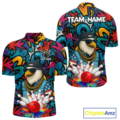 Funny Eagle Colorful Graffiti Bowling Shirt For Men Custom Bowling Team Jersey Polo & 1/4 Zpip TDM5784