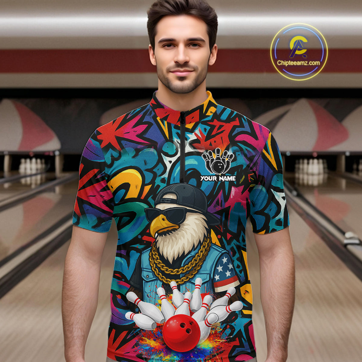 Funny Eagle Colorful Graffiti Bowling Shirt For Men Custom Bowling Team Jersey Polo & 1/4 Zpip TDM5784