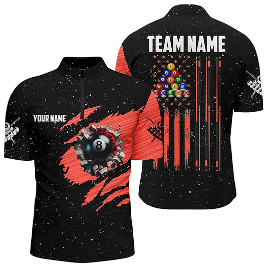Customized Grunge American Flag 8 Ball Pool Men Quarter-Zip Shirts Pool Player Shirts |Red TDM1114
