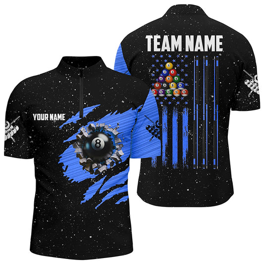 Customized Grunge American Flag 8 Ball Pool Men Quarter-Zip Shirt Pool Player Shirts |Blue TDM1115