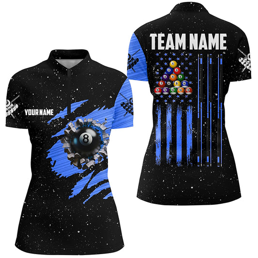Customized Grunge American Flag 8 Ball Pool Women Quarter-Zip Shirt Pool Player Shirts |Blue TDM1115