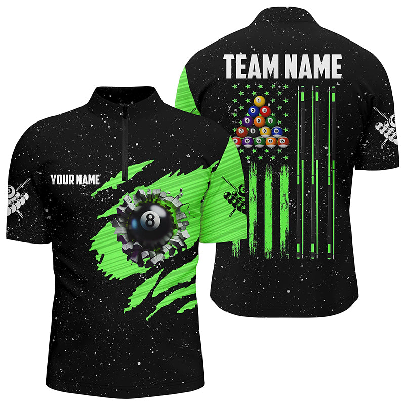 Customized Grunge American Flag 8 Ball Pool Men Quarter-Zip Shirt Pool Player Shirt |Green TDM1116