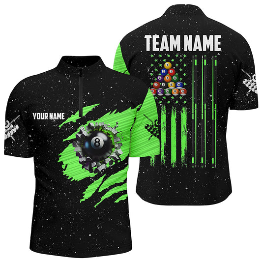 Customized Grunge American Flag 8 Ball Pool Men Quarter-Zip Shirt Pool Player Shirt |Green TDM1116