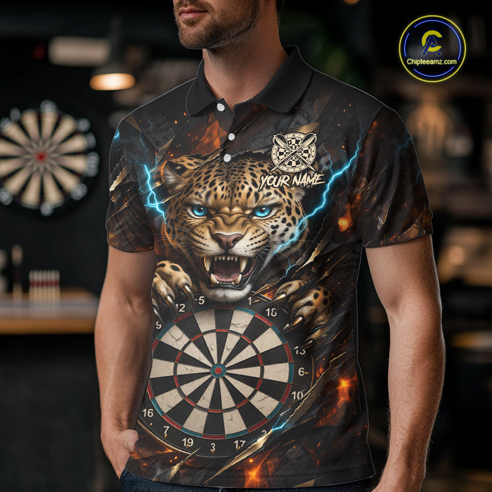 Personalized Leopard Lightning Darts Shirt For Men Custom Darts Jersey Polo & 1/4 Zip Team Shirts TDM6378