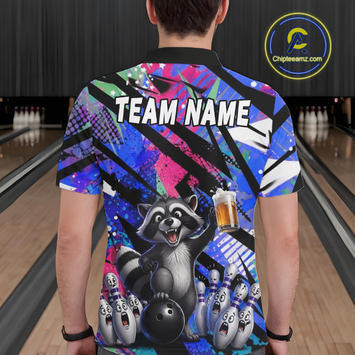 Funny Raccoon Colorful Graffiti Bowling Jersey For Men Custom Bowling Polo & 1/4 Zip Team Shirts TDM6572