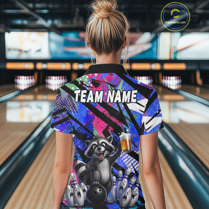 Funny Raccoon Colorful Graffiti Bowling Jersey For Women Custom Bowling Polo & 1/4 Zip Team Shirts TDM6572