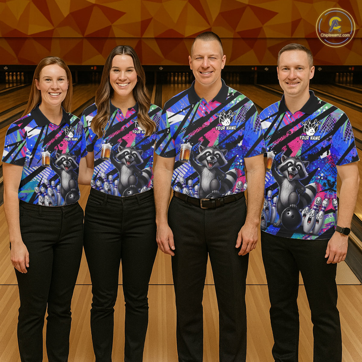 Funny Raccoon Colorful Graffiti Bowling Jersey For Men Custom Bowling Polo & 1/4 Zip Team Shirts TDM6572
