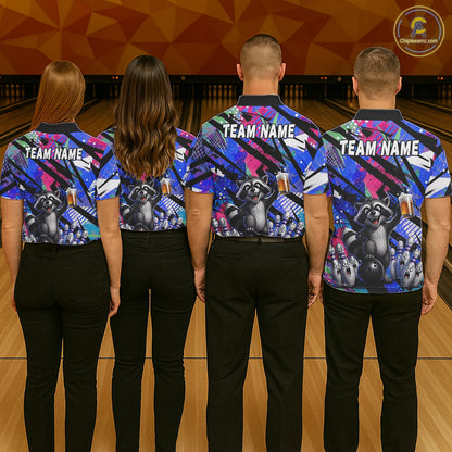 Funny Raccoon Colorful Graffiti Bowling Jersey For Men Custom Bowling Polo & 1/4 Zip Team Shirts TDM6572