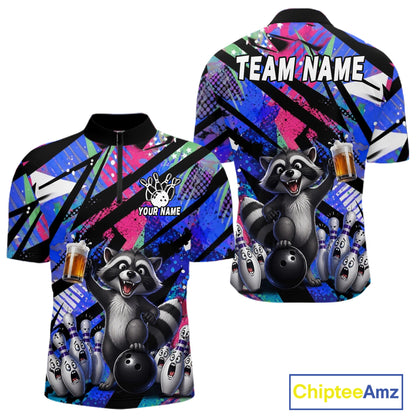 Funny Raccoon Colorful Graffiti Bowling Jersey For Men Custom Bowling Polo & 1/4 Zip Team Shirts TDM6572