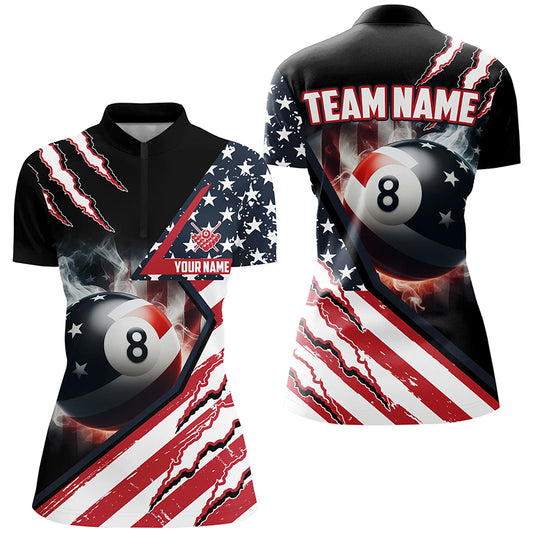 Personalized 8 Ball Pool US Flag Smoke Billiard Shirts For Women, Patriotic Billiard Jerseys Attire TDM1869