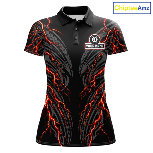 Thunder Lightning Tribal 8 Ball women's billiard polo shirt custom pool jersey, personalized billiards team apparel, tournament uniform