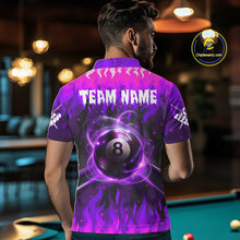 Load image into Gallery viewer, Back view of man wearing a purple 8 ball fire flame pool shirt in a billiards hall.