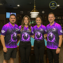 Load image into Gallery viewer, Pool team wearing matching purple 8 ball fire flame billiard jerseys during tournament competition front view.