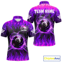 Load image into Gallery viewer, Purple 8 ball fire flame billiard polo shirt for men with custom pool team graphics.