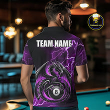 Load image into Gallery viewer, Back view of man wearing a purple thunder lightning dragon 8 ball pool shirt in a billiards hall.