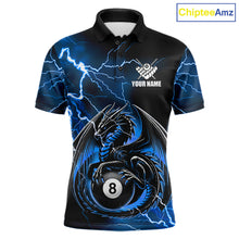 Load image into Gallery viewer, Blue thunder lightning dragon 8 ball billiard polo shirt for men with custom pool team graphics.