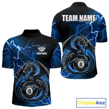 Load image into Gallery viewer, Blue thunder lightning dragon 8 ball billiard quarter zip shirt for men designed for league tournaments and team events.