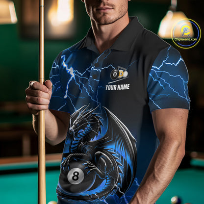 Man wearing a blue thunder lightning dragon 8 ball and 9 ball billiard jersey beside a pool table front view.