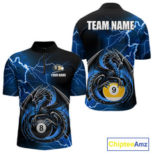 Load image into Gallery viewer, Blue thunder lightning dragon 8 ball and 9 ball billiard quarter zip shirt for men designed for league tournaments and team events.