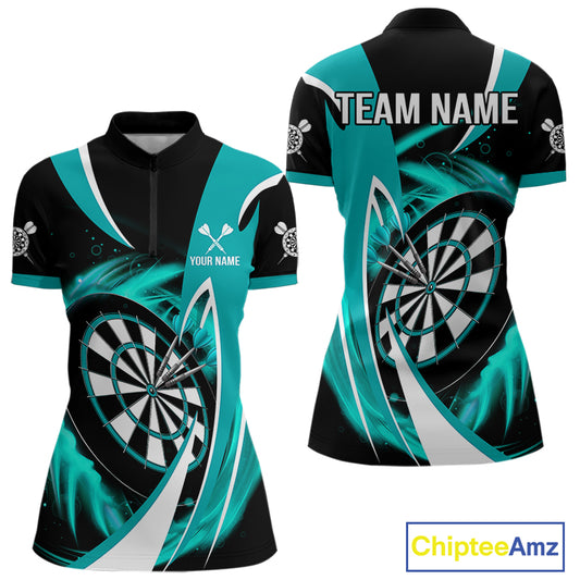Personalized Turquoise & Black Darts Shirt For Women Custom Darts League Team Polo & 1/4 Zip Jerseys TDM4407