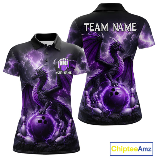 Personalized purple dragon bowling team jersey polo shirt for women featuring a majestic purple dragon design, premium custom bowling league apparel for tournaments and team play.