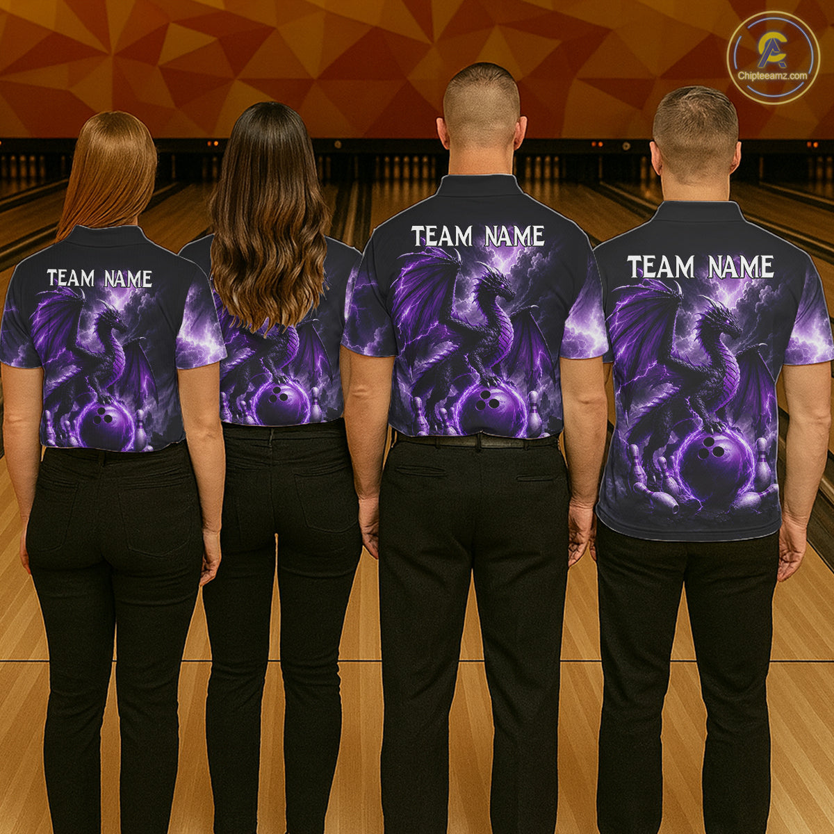 Bowling team wearing matching personalized purple dragon bowling team jerseys, back view.