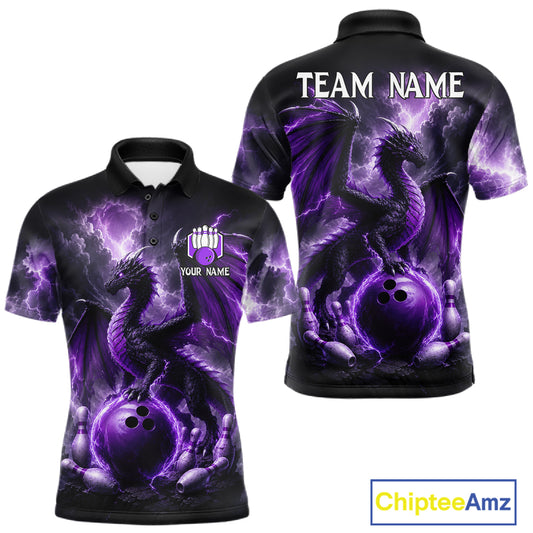 Personalized purple dragon bowling team jersey polo shirt for men featuring a majestic purple dragon design, premium custom bowling league apparel for tournaments and team play.