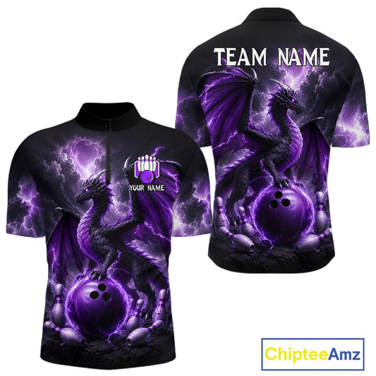 Personalized purple dragon bowling team jersey quarter zip shirt for men featuring detailed purple dragon artwork, premium custom bowling apparel.