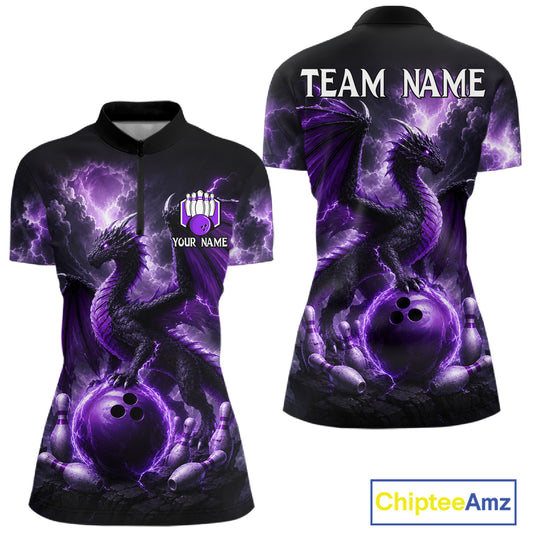 Personalized purple dragon bowling team jersey quarter zip shirt for women featuring detailed purple dragon artwork, premium custom bowling apparel.