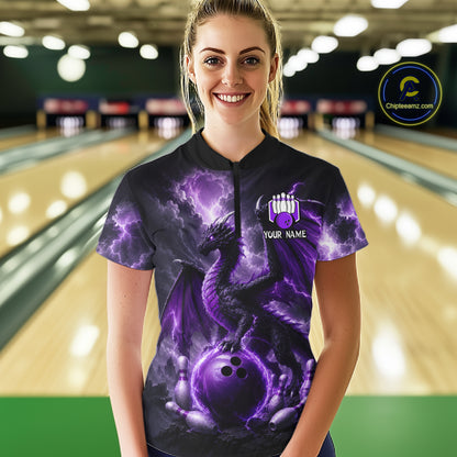 Woman wearing personalized purple dragon bowling team jersey quarter zip shirt featuring purple dragon artwork, front view.