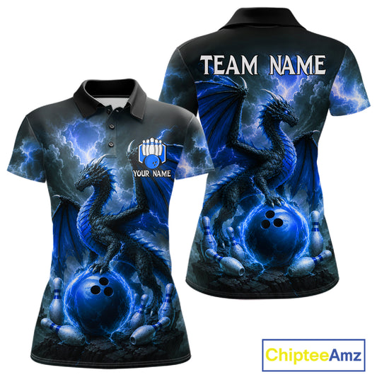 Personalized blue dragon bowling team jersey polo shirt for women featuring a powerful blue dragon design, premium custom bowling league apparel for tournaments and team play.
