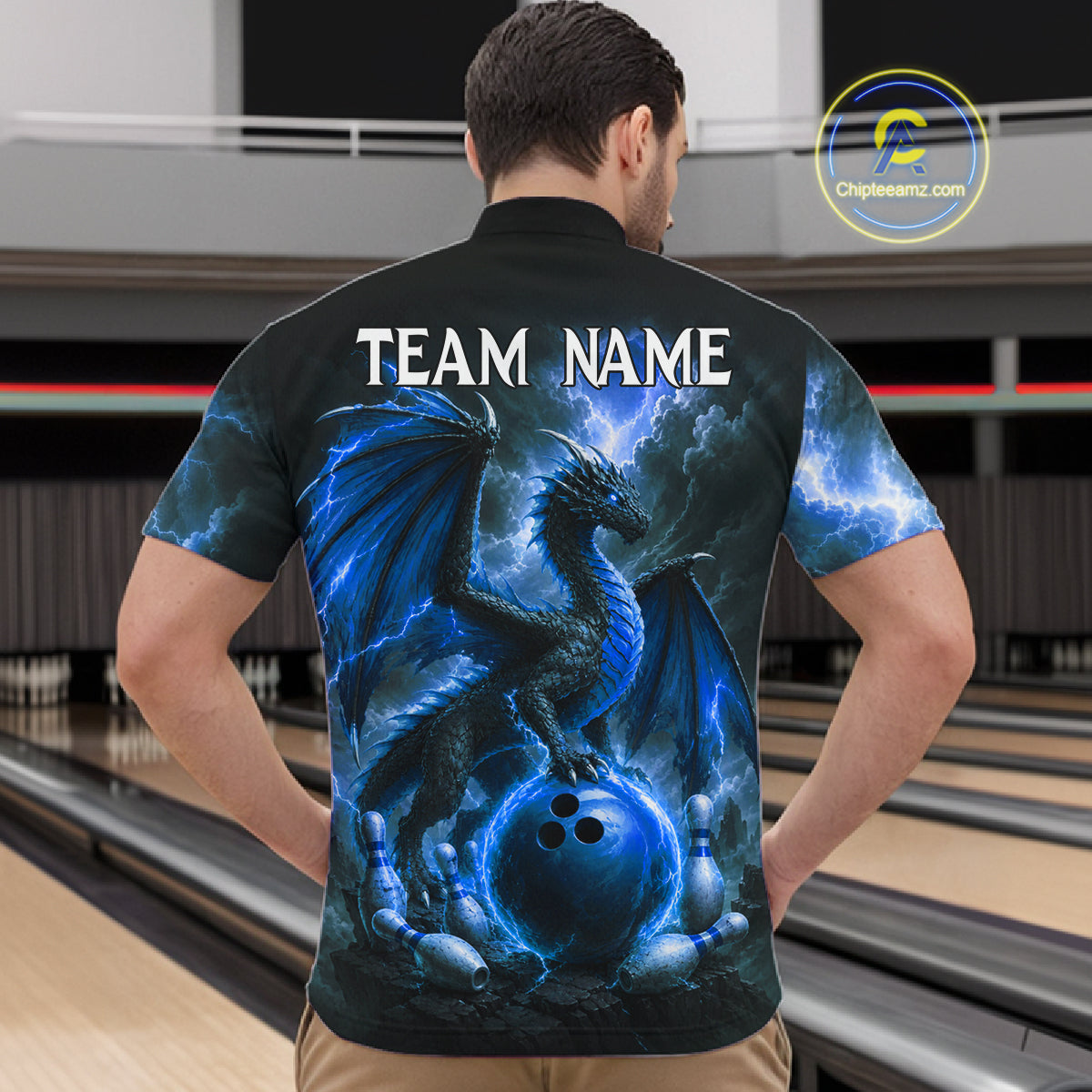 Man wearing personalized blue dragon bowling team jersey quarter zip shirt featuring blue dragon artwork, back view.