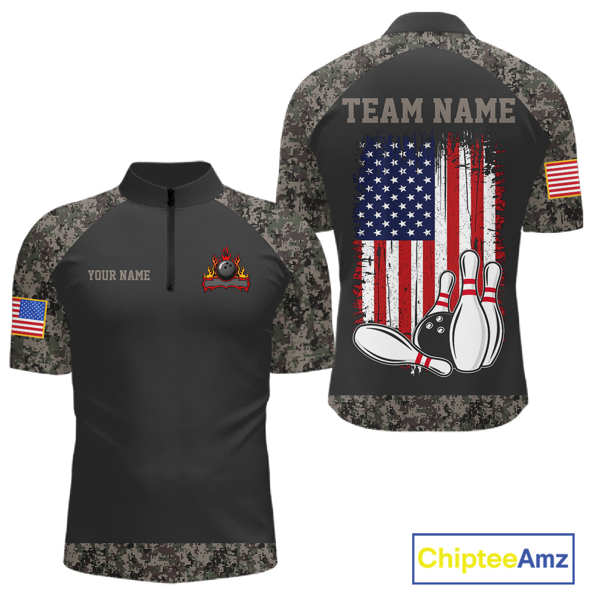 Personalized retro camo American flag bowling team jersey quarter zip shirt for men featuring retro camo American flag graphics, premium custom bowling apparel.