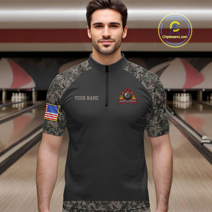 Man wearing personalized retro camo American flag bowling team jersey quarter zip shirt featuring patriotic camo American flag artwork, front view.