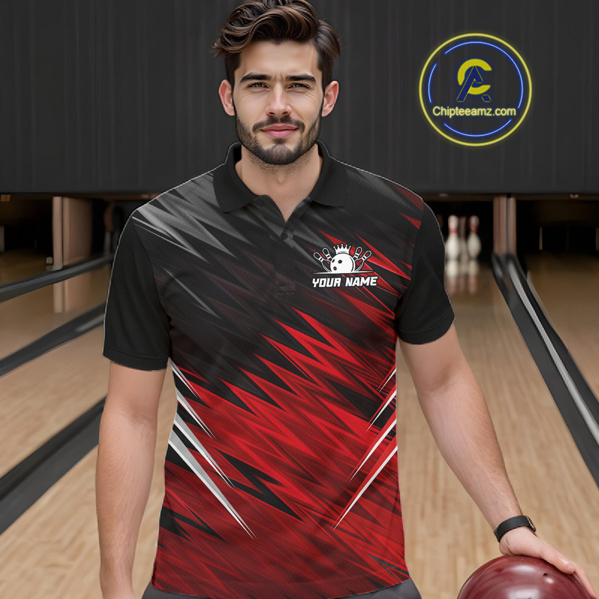 Man wearing personalized black and red bowling team jersey polo shirt featuring black and red bowling artwork, front view.