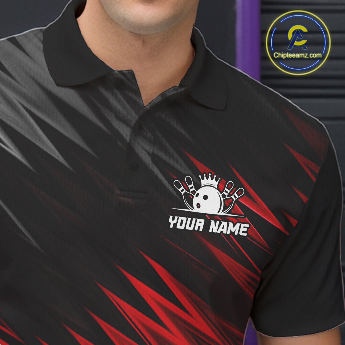 Close-up of personalized black and red bowling team jersey polo shirt featuring collar, buttons and black and red bowling artwork.