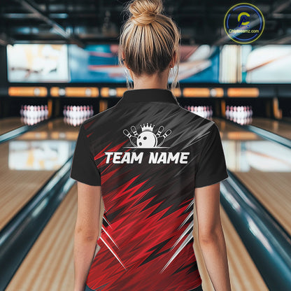 Woman wearing personalized black and red bowling team jersey polo shirt featuring black and red bowling artwork, back view.