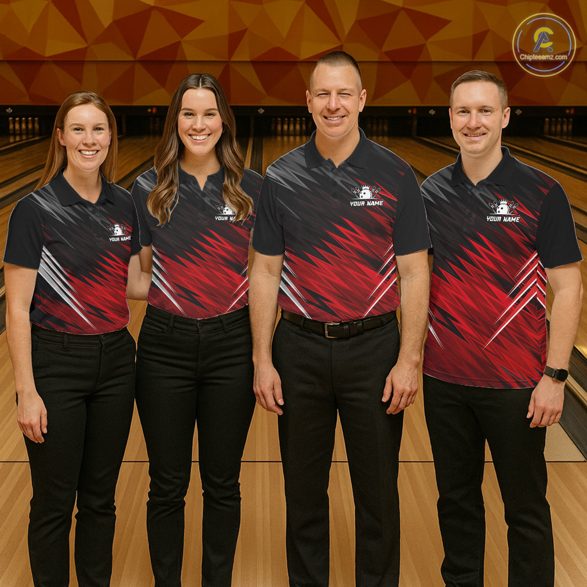 Bowling team wearing matching personalized black and red bowling team jerseys, front view.
