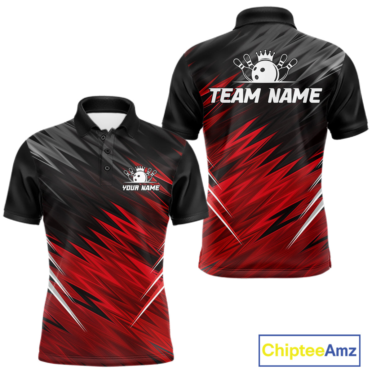 Personalized black and red bowling team jersey polo shirt for men featuring a modern black and red bowling design, premium custom bowling league apparel for tournaments and team play.