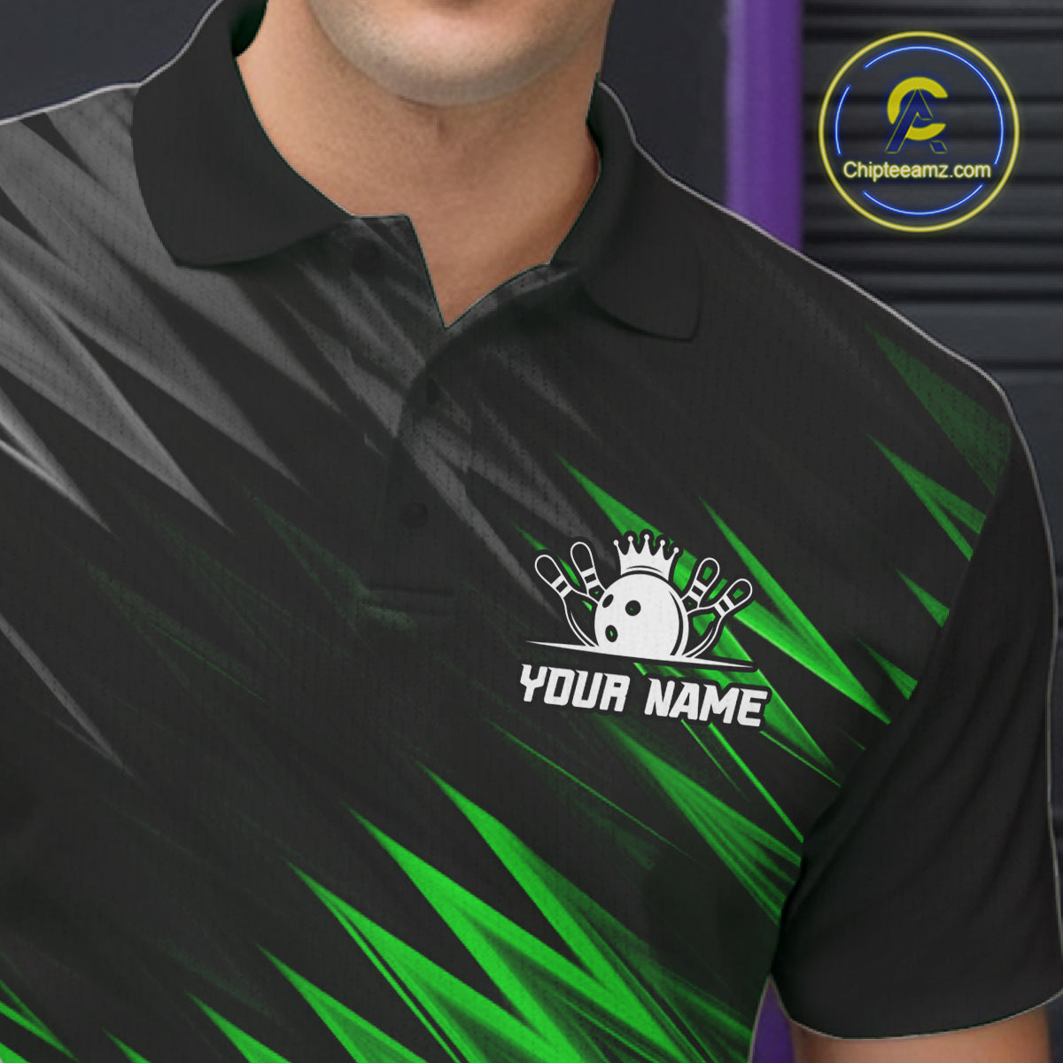 Close-up of personalized black and green bowling team jersey polo shirt featuring collar, buttons and black and green bowling artwork.