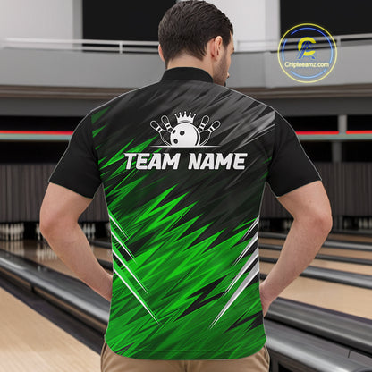Man wearing personalized black and green bowling team jersey quarter zip shirt featuring black and green bowling artwork, back view.
