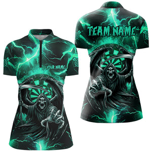 Personalized Turquoise Grim Reaper Custom Thunder Lightning Women Dart Shirts, 3D Darts Team Jerseys TDM2800