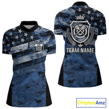 Load image into Gallery viewer, Blue Camo US Flag Dart Shirts With Pocket Option For Women Custom Darts Jersey TDM5275